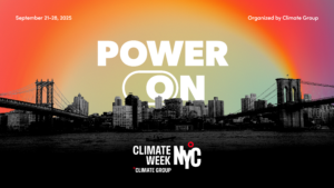 image of New York skyline with sunset treatment. Words read: Power On Climate Week N Y C 
