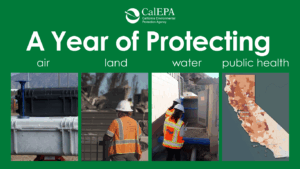 Multiple images on a green background. text reads A Year Protecting air land water Public health