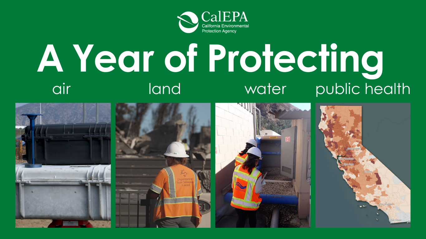 Multiple images on a green background. text reads A Year Protecting air land water Public health