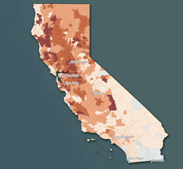 Map of California with different areas in various shades of orange to maroon