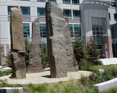 Stone sculpture in the front courtyard of the CalEPA building.
