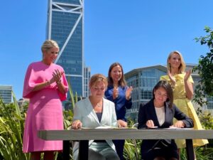 A photo of Her Majesty Queen Máxima of the Netherlands, Lieutenant Governor Eleni Kounalakis, First Partner Jennifer Siebel Newsom, Dutch Minister for the Environment Vivianne Heijnen, and Secretary for Environmental Protection Yana Garcia.