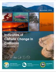 The cover of the report "Indicators of Climate Change in California Fourth Edition," with images of various climate disasters.